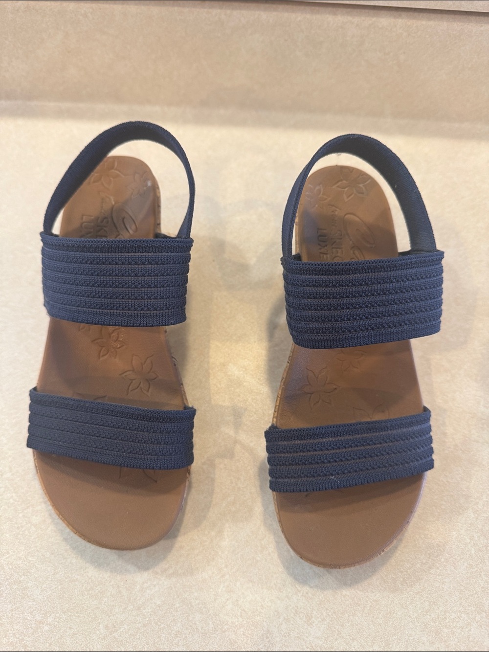 Skechers Navy Elastic Strap Sandals with Brown Footbed